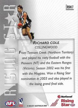 2004 Select Ovation - 2003 AFL Rising Star Nominee #RSN17 Richard Cole Back